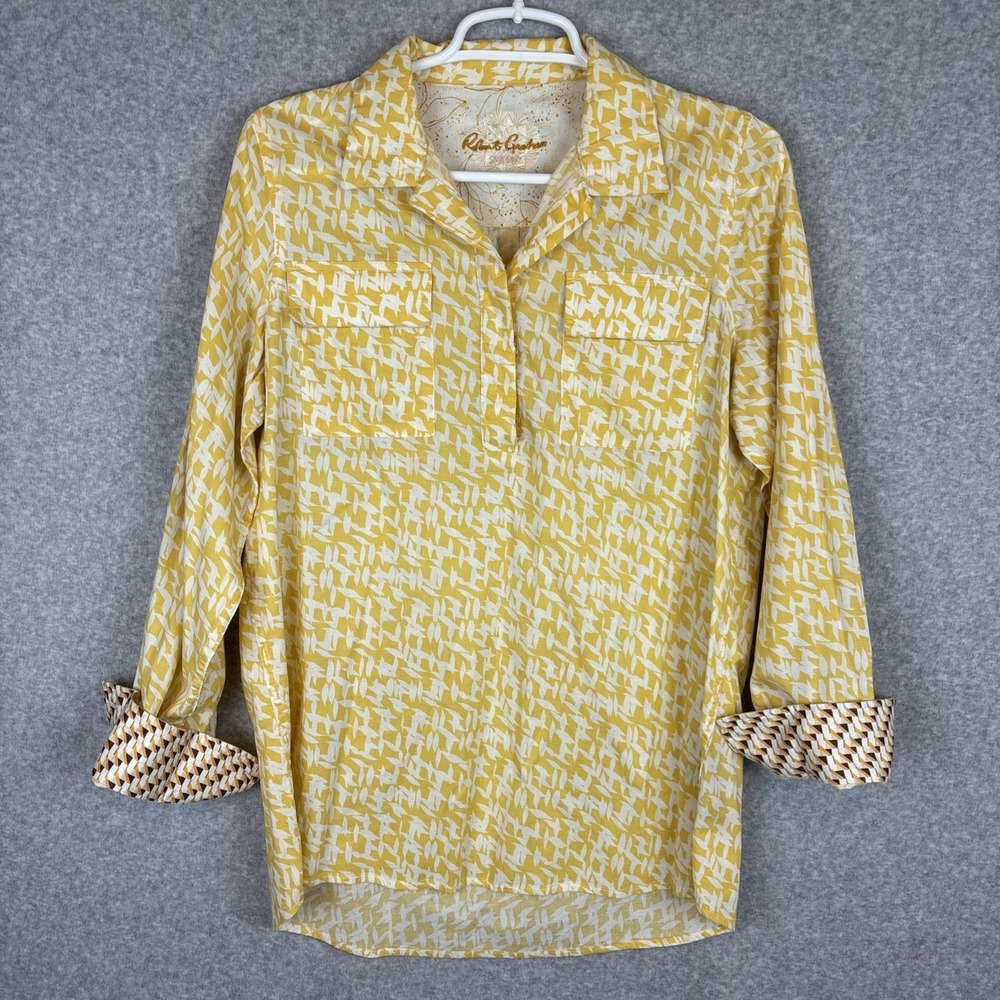 Robert Graham Shirt Womens Size Medium Yellow Flip Cuff Roll Tab Popover
